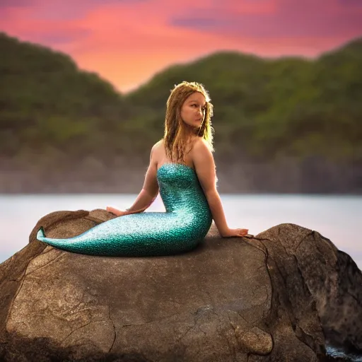 Image similar to a beautiful photo of a mermaid sits on a rock and stares at the island, sunset lighting, hyper realistic, 1 0 5 mm, amazing