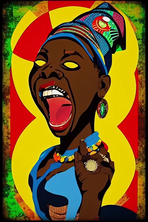 Image similar to mama africa laugh at her child!!! pop art, pixel, bioshock, gta chinatown, artgerm, richard hamilton, mimmo rottela, julian opie, aya takano, avoid object duplicate!!! avoid object stick to each other!!!