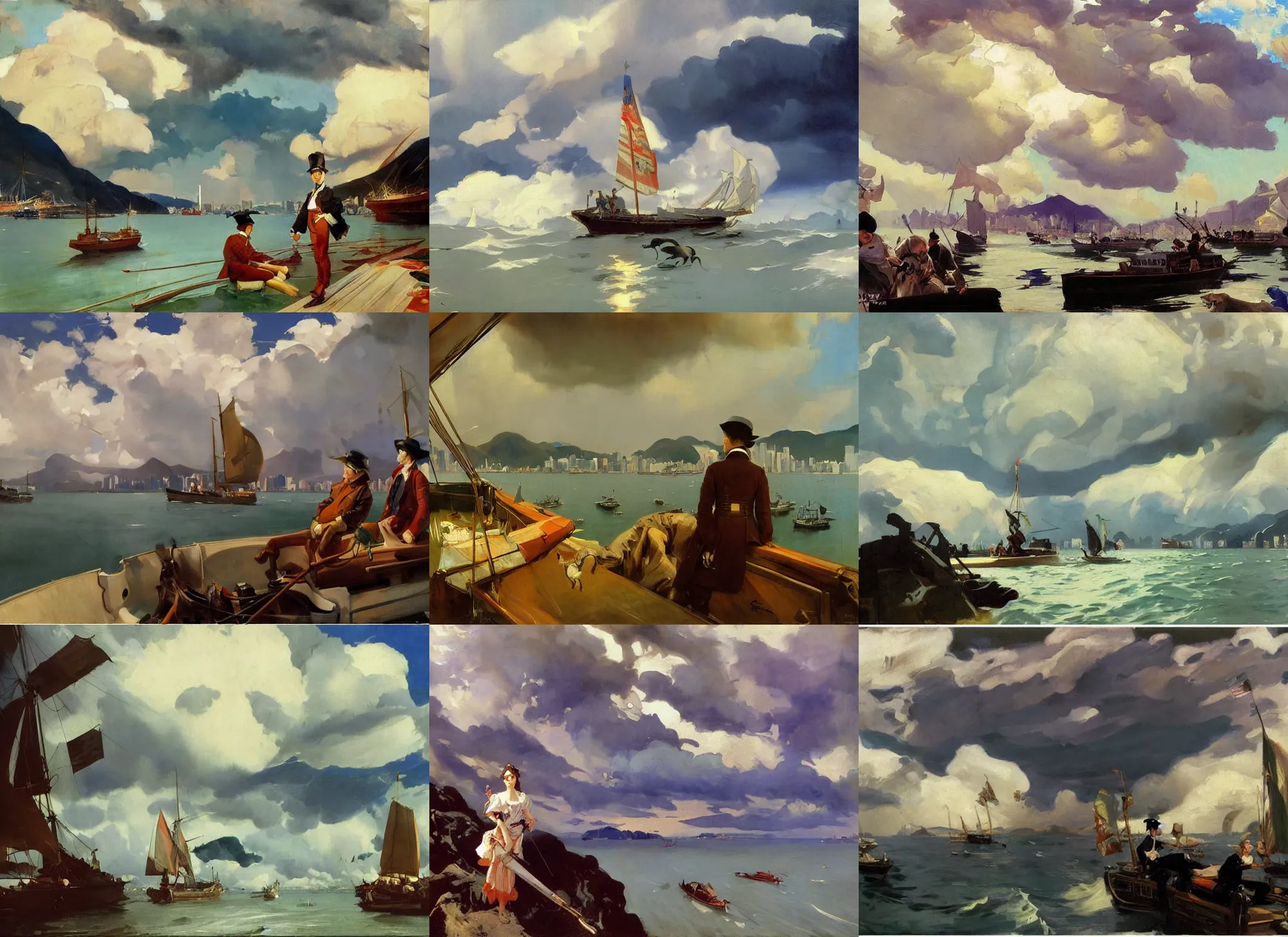 Prompt: painting by sargent and leyendecker and greg hildebrandt savrasov levitan, studio ghibly style mononoke, low thunder clouds hong kong victoria harbour in 1 8 th century