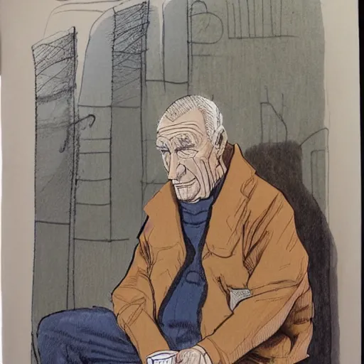 Image similar to an older man sitting alone drawn by raymond briggs, very coherent and colorful high contrast