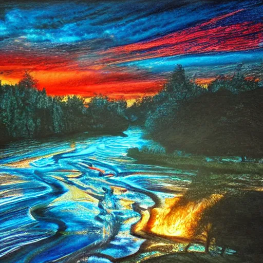 Image similar to a river runs here, a fiery river, from east to west, from west to north. over that river the fiery river drives the light. light transports souls. award - winning, very trending, esoteric art, 2 k, 4 k, pen and pencil