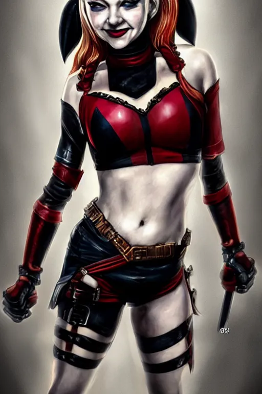 Prompt: A portrait of Natalie Dormer as Harley Quinn in bikini armour, artstation, highly detailed