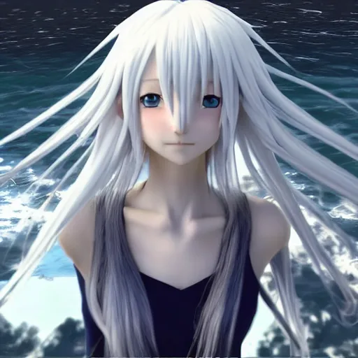 Prompt: a long white haired anime character holding out his hand in front of a body of water, a screenshot by michelangelo, deviantart contest winner, vanitas, official art, unreal engine 5, unreal engine. kingdom hearts opening. sharp focus. highly detailed. masterpiece. anime render. cinematic lighting. lifelike.