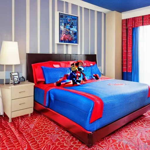 Image similar to photography of theme park hotel room themed to spider - man motif. bed has spider - man blankets. wall has spider - man pattern. furniture has spider - man motif. furniture is shaped like spider - man furniture. carpet has spider - man motif. lighting has spider - man film shapes