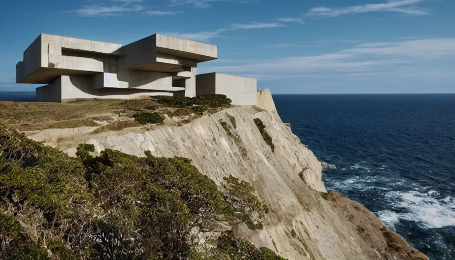Prompt: coastal perched on a cliff overlooking a magnificient bay, big brutalism architecture on cliffs, drawing architecture, pritzker architecture prize, greig fraser