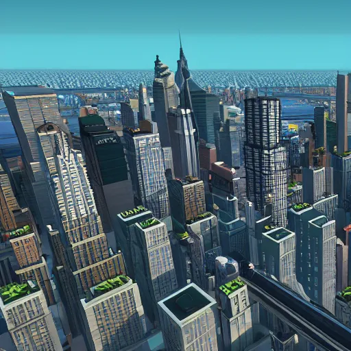 Image similar to new york city skyline in the style of cities skylines, in game sceenshot, gameplay