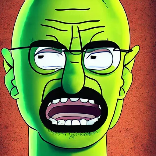 Prompt: digital art of Walter white as pickle rick from rick and morty, detailed, realism, cartoon art