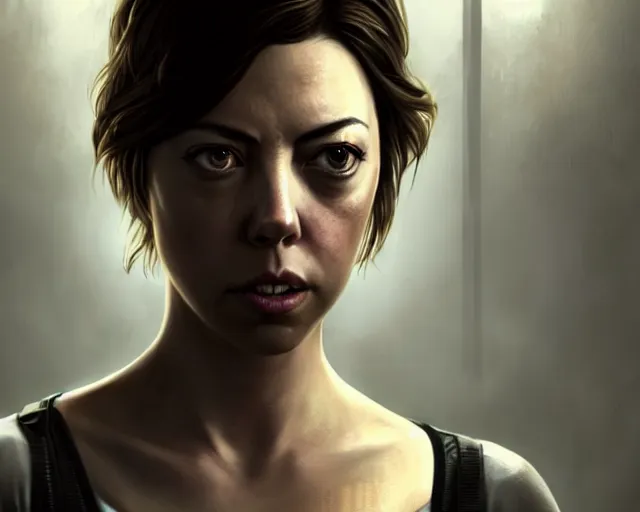 Image similar to a gaming screenshot still portrait of aubrey plaza in resident evil, deep focus, d & d, fantasy, intricate, elegant, highly detailed, digital painting, artstation, concept art, matte, sharp focus, illustration, dark fantasy style art, hearthstone, art by artgerm and greg rutkowski and alphonse mucha