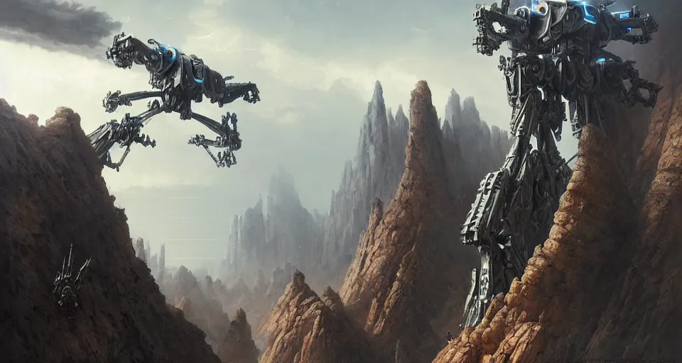 Image similar to hyper realistic sci - fi matte concept art painting of mecha on a cliff overlooking a raging battle, beautiful details, strong composition painted by kim jung guweta studio rutkowski, james gurney and greg rutkowski, and lucasfilm, smooth, intricate, detailed, sharp focus, cinematic