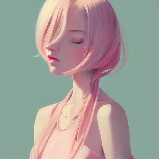 Image similar to adult female in summer dress art, pastel light pink very long hair, muted colors, matte print, pastel colors, ornate, digital art, digital painting, fan art, elegant, artstation, head is centered, by Ilya Kuvshinov