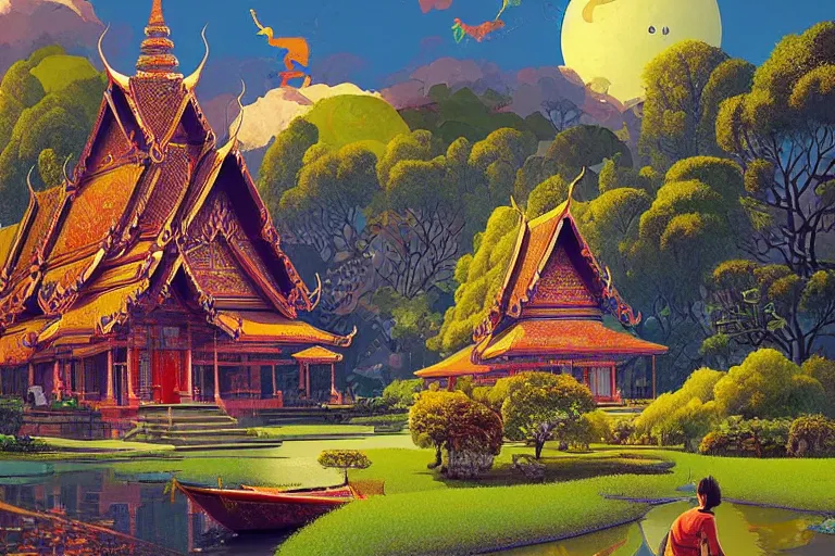 Image similar to summer morning, thai temple, rolling mountain, very coherent and colorful high contrast, art by gediminas pranckevicius, geof darrow, dark shadows, hard lighting