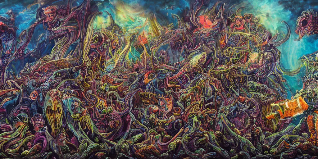 Prompt: a high hyperdetailed painting of the war between the monsters of reason vs the monsters of imagination, the merging of determined and undetermined worlds horror and spiritual fantasy creatures, as dichotomies are broken in search of elevation psychedelic surreal magical dystopian technological utopian psycho spiritual art, anarchist art chaotic fulcolor