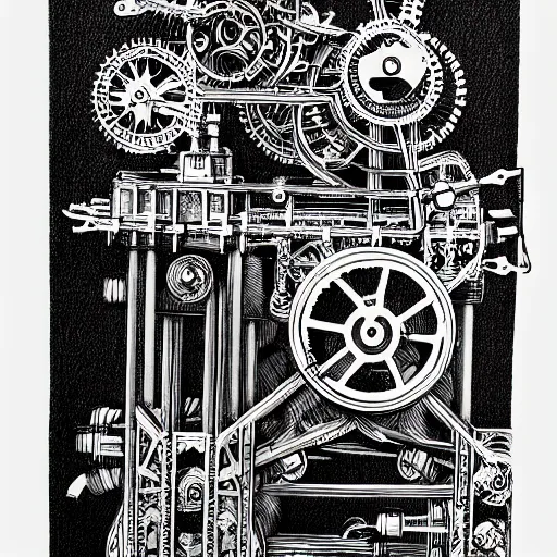 Image similar to miskatonic mechanical engine, black ink on paper, trending on artstation, beautiful, intricate, detailed
