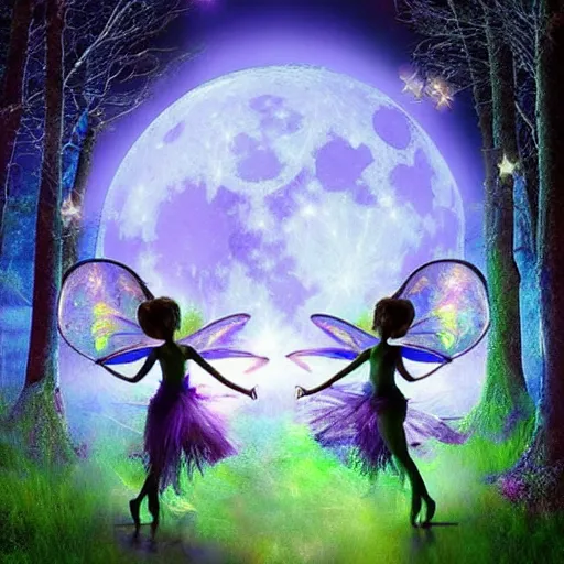 Image similar to The most artistic picture 3-D digital art fairies dancing in the woods by a full moon, surreal, award winning, highly detailed