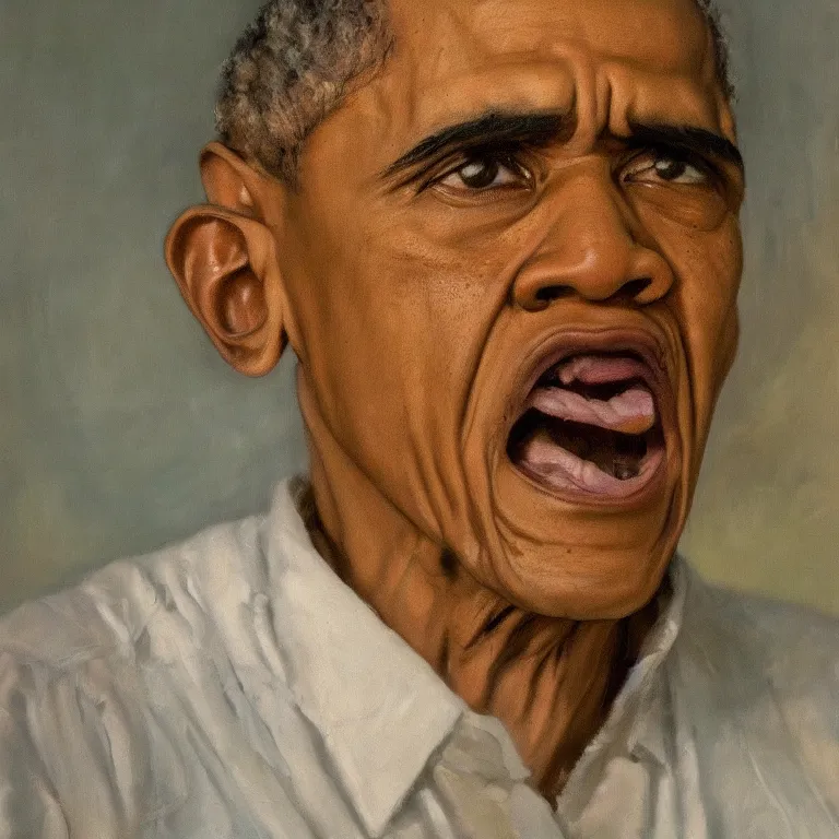 Image similar to warmly lit close up studio portrait of very old angry! Barack Obama age 115 angrily singing, impasto oil painting thick brushstrokes by Cy Twombly and Anselm Kiefer , trending on artstation dramatic lighting Expressionism