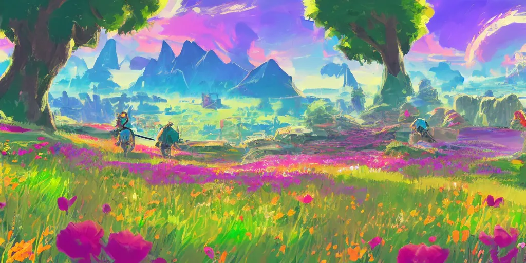 Prompt: colour theory cascading concept art of spring flower landscape in the style of breath of the wild