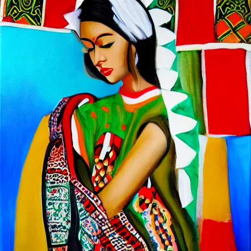 Prompt: a beautiful oil painting of cute girl wearing modern stylish costume in the style of Assamese bihu mekhela sador gamosa design, commercial fashion design art by jeff koons