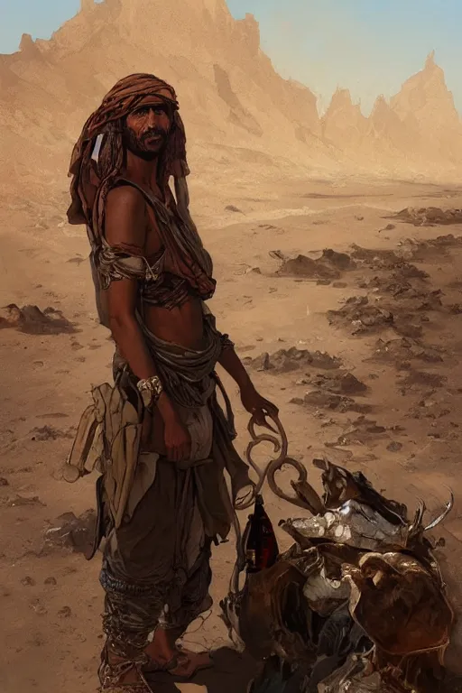 Image similar to a full body portrait of a beautiful post apocalyptic offworld desert bedouin blind retrofuturistic barbarian leper begging by the roadside, intricate, elegant, highly detailed, digital painting, artstation, concept art, smooth, sharp focus, illustration, art by krenz cushart and artem demura and alphonse mucha