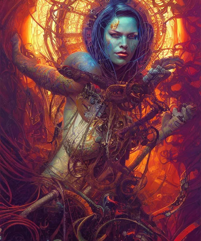 Prompt: a beautiful tarot card artwork of a cyberpunk nature shaman, backlit, highly detailed, digital painting, by karol bak and eddie mendoza and dan mumford and artgerm, vivid colors, masterpiece, detailed shading, 8 k resolution, intricate, smooth