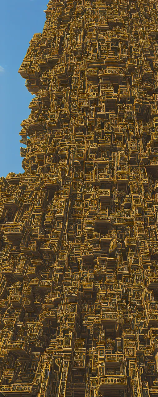 Image similar to eye level view of a contemporary babylon tower, golden intricate details, stone facade, sacred architecture, hanging gardens, cascading highrise, arid mountains with lush palm forest, photorealistic, sunlight, post - production, octane, cgi, sfx