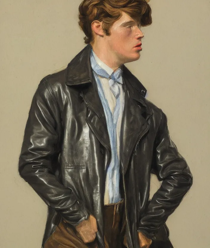 Prompt: a very detailed portrait of a man, wearing an 8 0 s jacket with big shoulder pads, very aesthetic leather jacket, detailed leather jacket, front view, in the style of edward hopper and oswald hornby joseph birley and susan ryder, very small brushstrokes, 4 k,