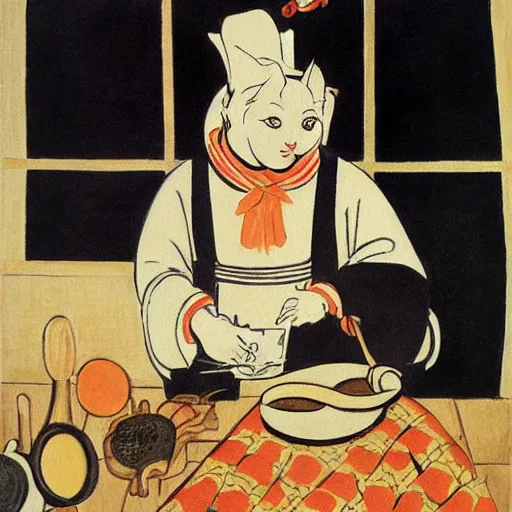 Image similar to a highly detailed painting of a cat chef baking cookies in the style of matisse, caravaggio, ukiyo - e