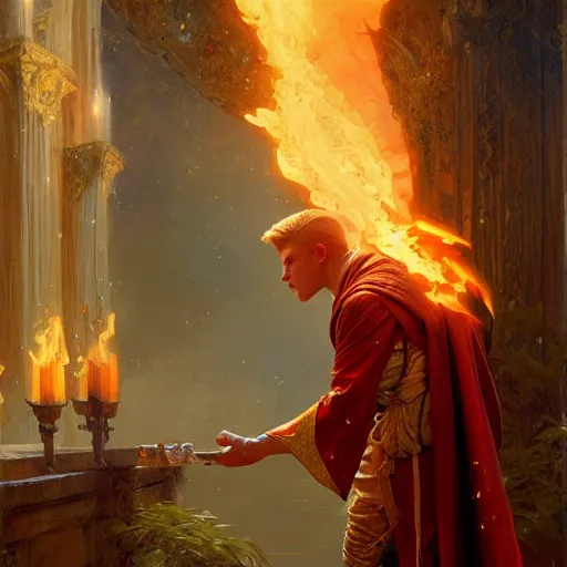Prompt: young man using fire magic, wearing mages robes, back view, short blond hair, highly detailed painting by gaston bussiere, craig mullins, j. c. leyendecker 8 k