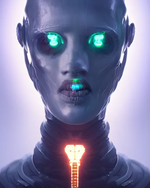 Image similar to benevolent android necromancer, aura of light, artificial intelligence, kind face, perfect, scifi, futuristic, highly detailed, trending on artstation, advanced technology, art by vitaly bulgarov