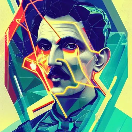 Prompt: glorious futuristic visionary inventor nikola tesla profile picture by sachin teng, c 2 1 5 and artgerm, masterpiece, organic painting, matte painting, technical geometrical drawing shapes, lightning electricity coil, hard edges, graffiti, street art by sachin teng and c 2 1 5