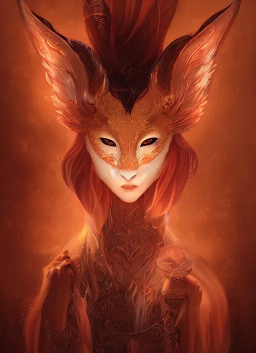 Image similar to a beautiful detailed oil on copper art illustration of a kitsune mask woman, centered, by charlie bowater, zeng fanzh, trending on artstation, dim dusk lighting, cinematic lighting, detailed lighting, volumetric lighting, realistic, f 8, 4 k hd wallpaper