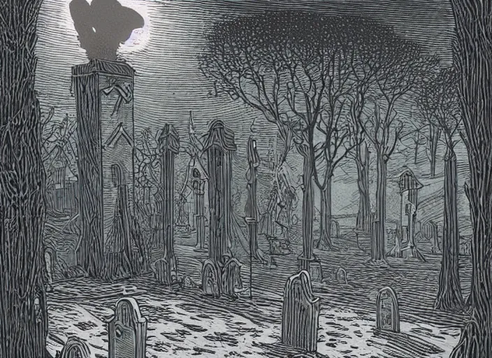Image similar to woodcut print, ghost in graveyard at midnight by greg rutkowski