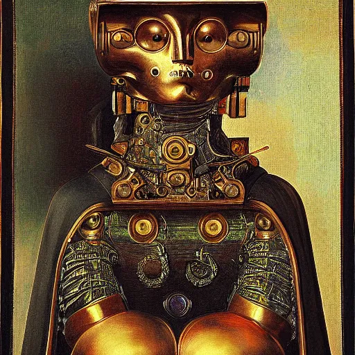 Image similar to a portrait of a shiny metallic renaissance steampunk robot, in the style of Jan van Eyck,