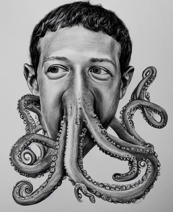 Image similar to a detailed pencil drawing of mark zuckerberg as an octopus, octopus tentacles