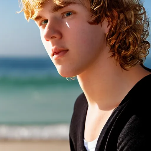 Image similar to portrait of a beautiful teenage boy around 2 0 yo. natural blonde hair, pale skin. slight overweight. beach background. detailed face.