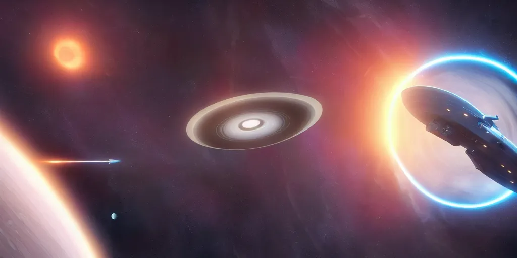 Image similar to the enterprise c orbiting a gas giant planet hyperdetailed, main focus on the enterpise from star trek, artstation, cgsociety, in the style star trek 8 k