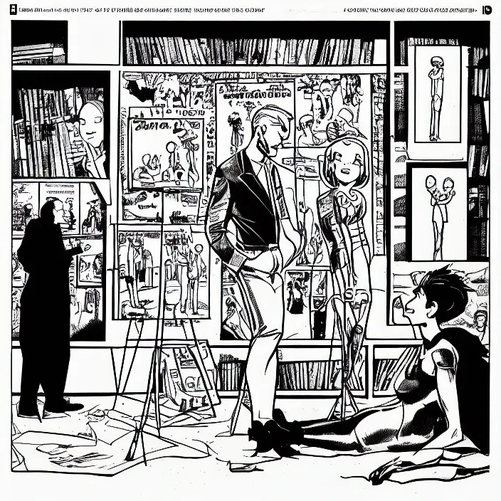 Prompt: a still frame from comic strip two person looking at the sculpture 1 9 9 0, new yorker illustration, monochrome contrast bw, lineart, manga