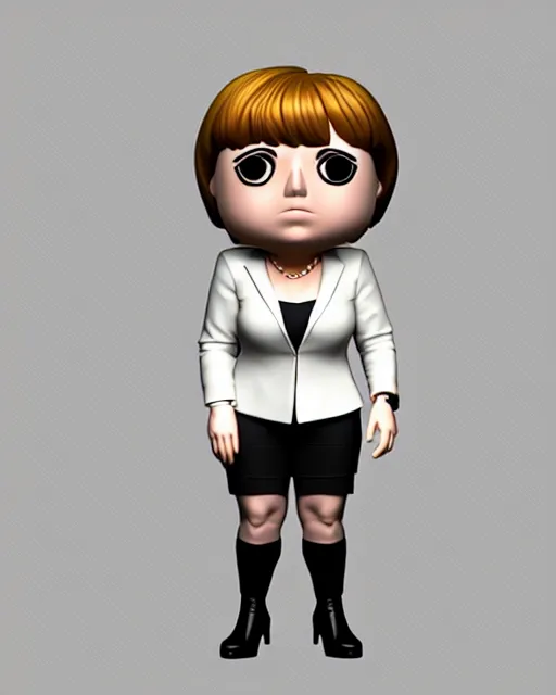 Image similar to full body 3d render of angela merkel as a funko pop, studio lighting, white background, blender, trending on artstation, 8k, highly detailed