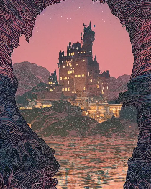 Image similar to a castle on the water, digital art, illustrated by james gurney and victo ngai