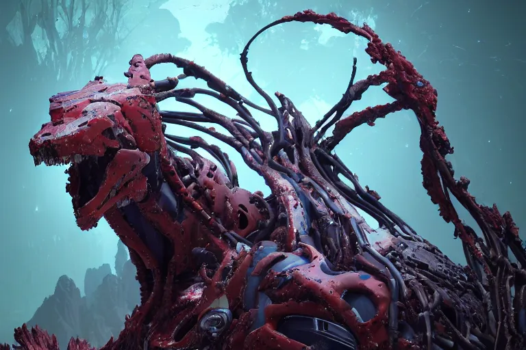 Image similar to portrait of a posed hyper detailed plowhorn evangelion realistic mechanical and fleshy organic creature similar look as horizon forbidden west horizon zero dawn bioluminiscence in a dark deep forest at dawn in spring, with reflection and textures, by kilian eng, substance painter reaslitic mech surface metal painted scratches