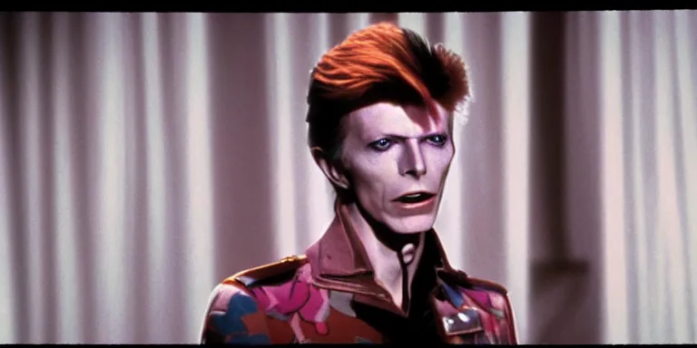 Prompt: Cinematography of Heroes era David Bowie in 1982 shot on a 9.8mm wide angle lens on the set of The Muppet show