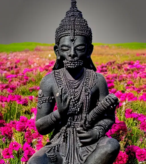 Image similar to mystical hindu black death god statue in tall meadow of flowers, dslr photo, grainy, high detail, high resolution