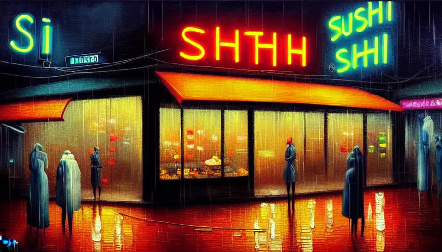 Image similar to oil painting of a neon sign storefront sushi restaurant, raining, busy street, cyberpunk, romantisism, outrun, synthwave, painting, detailed, by katia chausheva and android jones