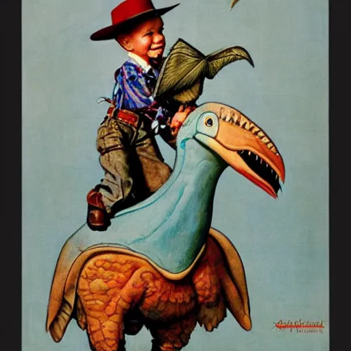 Image similar to A toddler dressed like a cowboy riding a pterodactyl, Norman Rockwell Painting