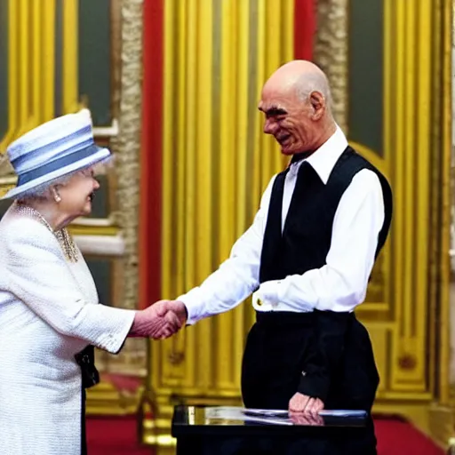 Prompt: pim fortuyn and michael jackson shaking hands, on a podium, in front of the queen