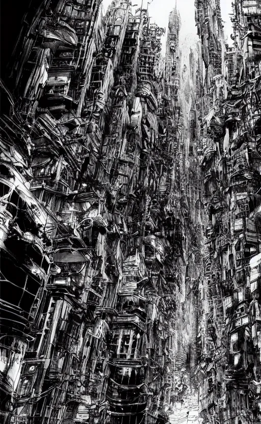 Image similar to dense city scene by tsutomu nihei, inked, minute details, desolation, hyper realistic, cosmic horror, biomechanical, beautiful