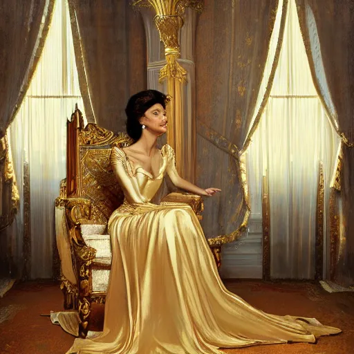 Image similar to kneeling before a proud queen, sitting in a chair while posing for a photo, royal gown, golden detailing, medium shot, intricate, elegant, highly detailed, digital painting, volumetric light, artstation, concept art, smooth, sharp focus, illustration, art by Gil Elvgren and Greg Rutkowski and Alphonse Mucha, 8K
