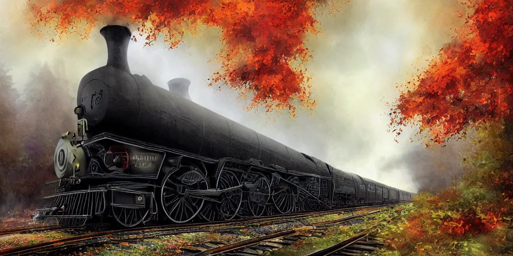 Prompt: A mysterious Hogwarts train in autumn arrives at a station. The leaves on the trees are changing color and falling to the ground. The air is cool and crisp. The train is long and black, and steam is coming out of the engine. The station is busy with people coming and going. by Alejandro Burdisio, Andreas Rocha, Tuomas Korpi, immaculate scale, hyper-realistic, Unreal Engine, Octane Render, digital art, trending on Artstation, 8k, detailed, atmospheric, immaculate