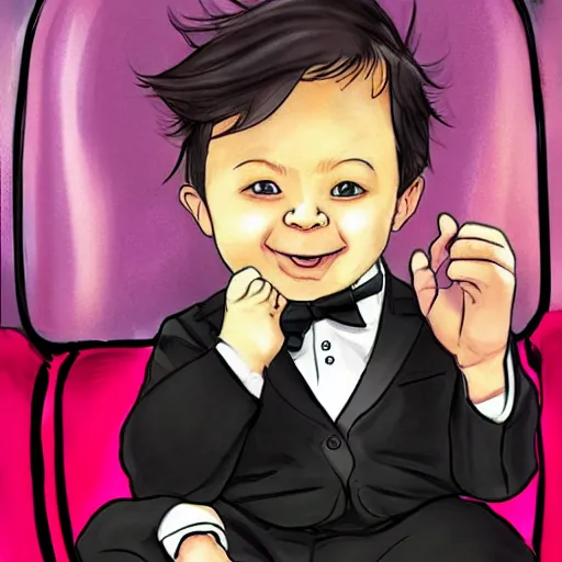 Prompt: portrait of a smug baby in a tuxedo riding in the back of a limo, medium shot, highly coherent, saga comic, fiona staples