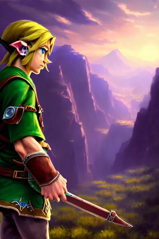 Image similar to cinematic shot of an epic portrait of link from zelda playing hes ocarina, shiny skin, beautiful eyes, beautiful, small details, night setting, realistic poster with volumetric light from craig mallism, artgerm, jeremy lipkin and michael garmash, unreal engine, radiant light, detailed and complex environment, digital art, trends at art station, a masterpiece