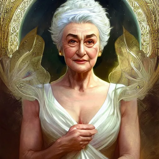 Prompt: Bea Arthur as goddess of hope, elpis, light hair, greek, happiness, intricate, elegant, ethereal, highly detailed, digital painting, artstation, concept art, smooth, sharp focus, illustration, art by artgerm and greg rutkowski and alphonse mucha